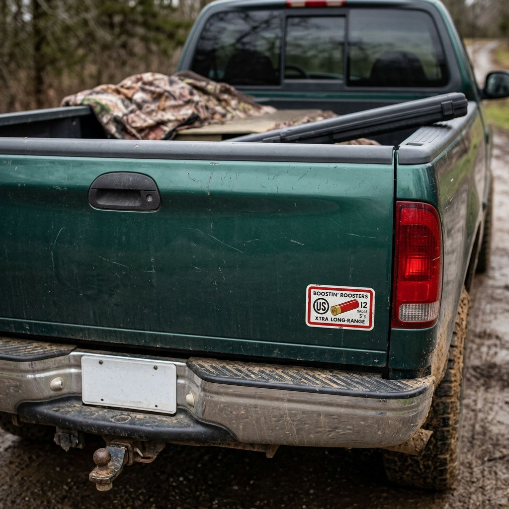 A green pickup truck parked outdoors on a dirt road, shown from the rear. The tailgate has a small red, white, and black 'Boostin' Roosters' decal near the lower right corner.